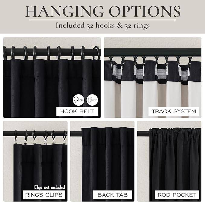 Room Darkening Black Curtains 108 Inches Long 2 Panels, 9ft Neutral Curtains
