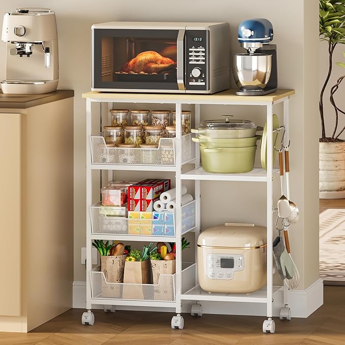Rolling Kitchen Storage Microwave Cart & Kitchen Island on Wheels, Adjust...