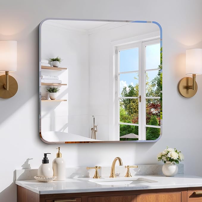 CILIBER Beveled Mirror 30"x30", Square Frameless Bathroom Mirror Ro...