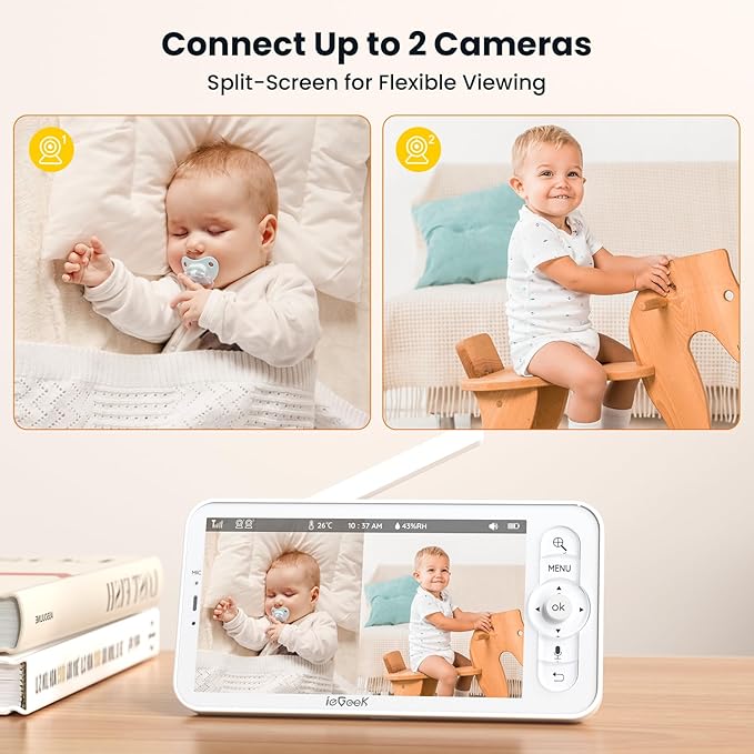 ieGeek Baby Monitor with 2 Cameras, 2-Way Audio, Cry Detection, Temperature