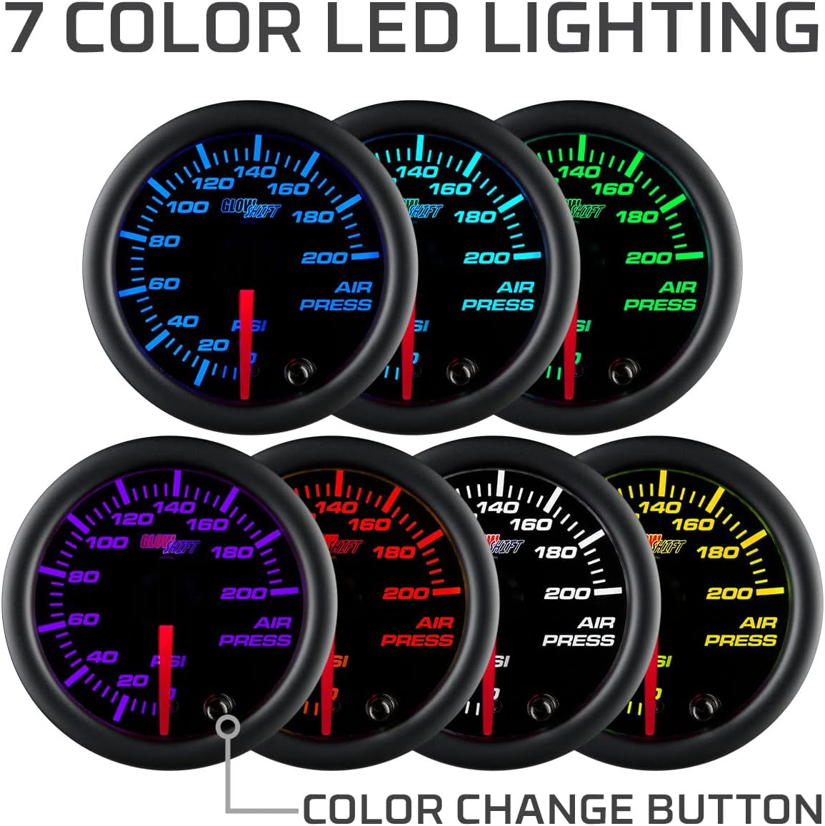 GlowShift Black 7 Color 200 PSI Air Pressure Gauge Kit, 2-1/16" 52mm