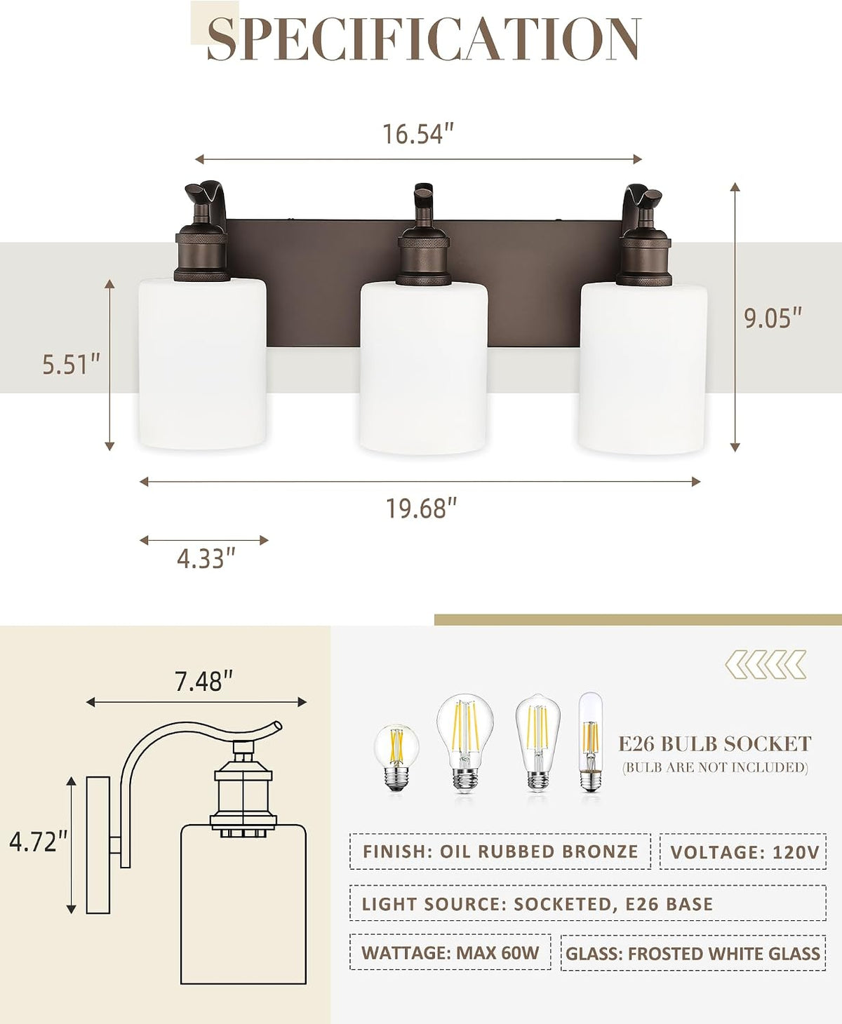 3-Light Bathroom Vanity Light,White Frosted Glass,Oil Rubbed Bronze