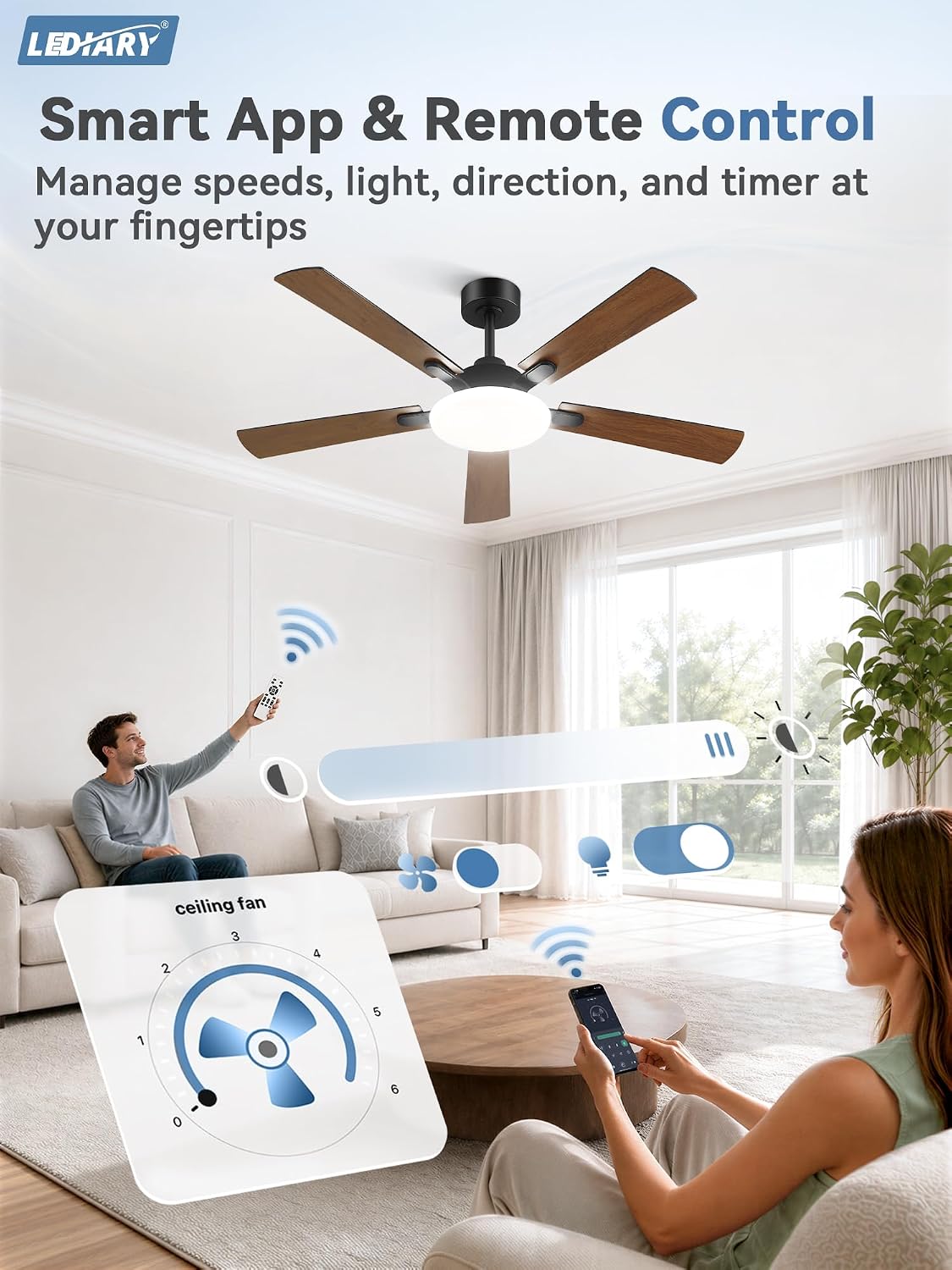LEDIARY 52 Inch Ceiling Fans with Lights DC Motor, Remote & APP Control