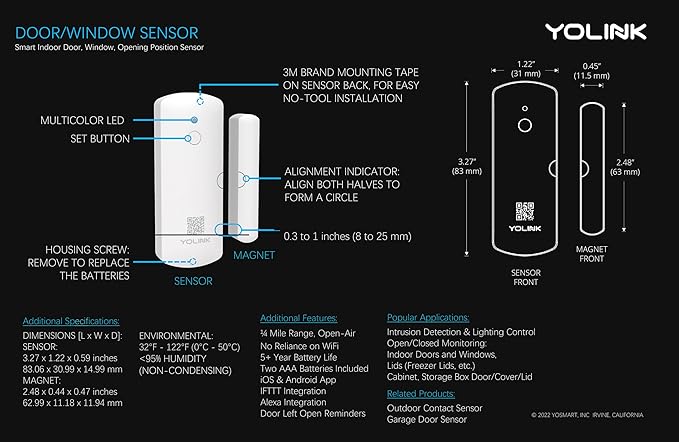 YoLinK LoRa Smart Door Sensor Starter Kit: 1/4 Mile Open-Air Range, Door (2-P...