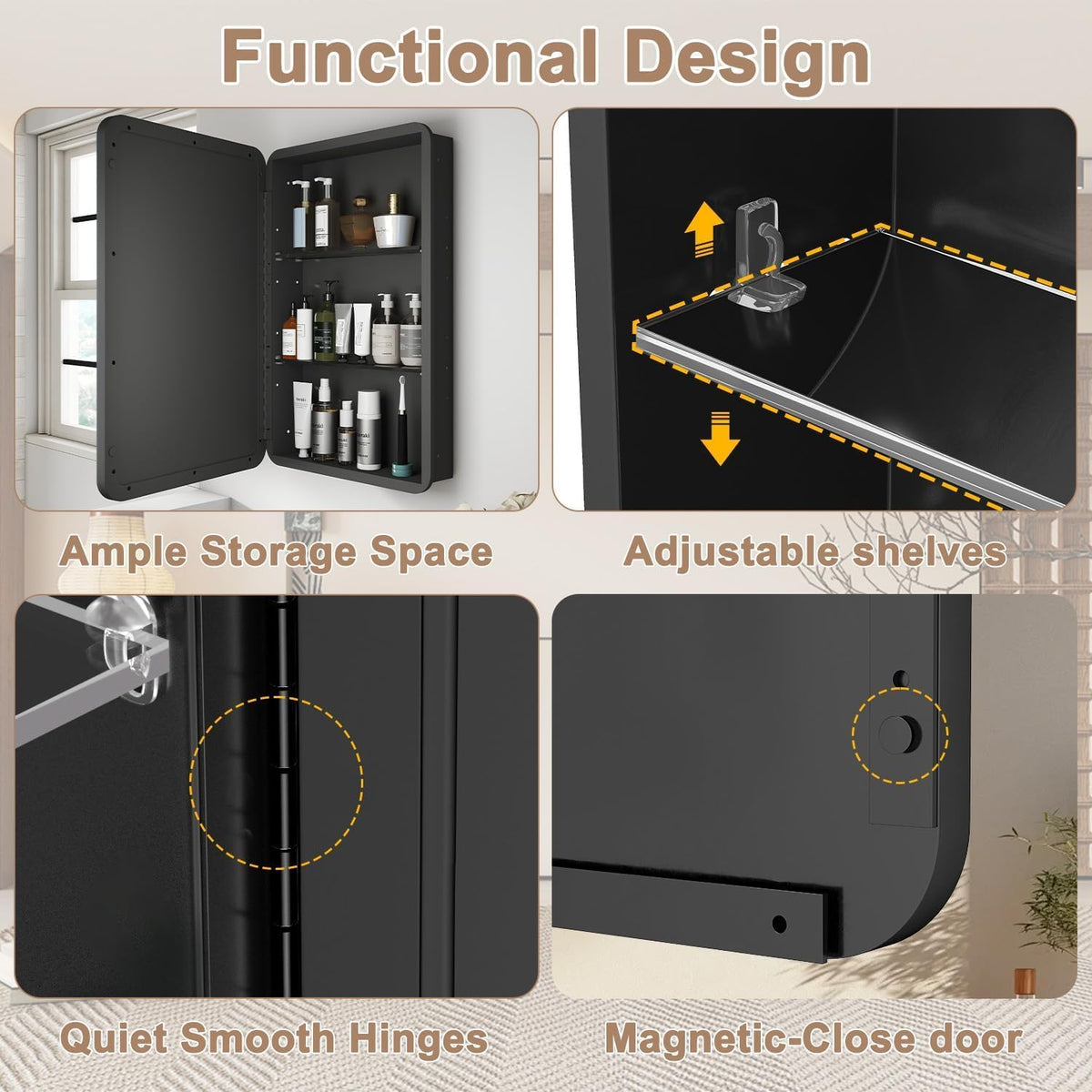 16x24 in Medicine Cabinet with Mirror for Bathroom, Matte Black