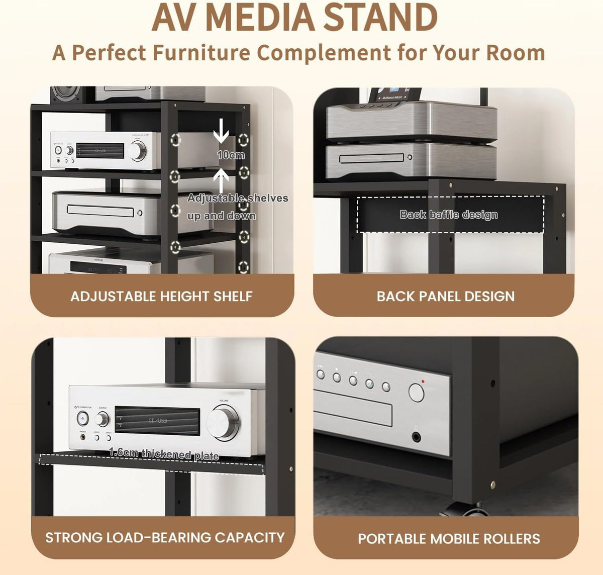 5 Tier AV Media Stand, Audio Rack Tower Stereo Components Cabinet