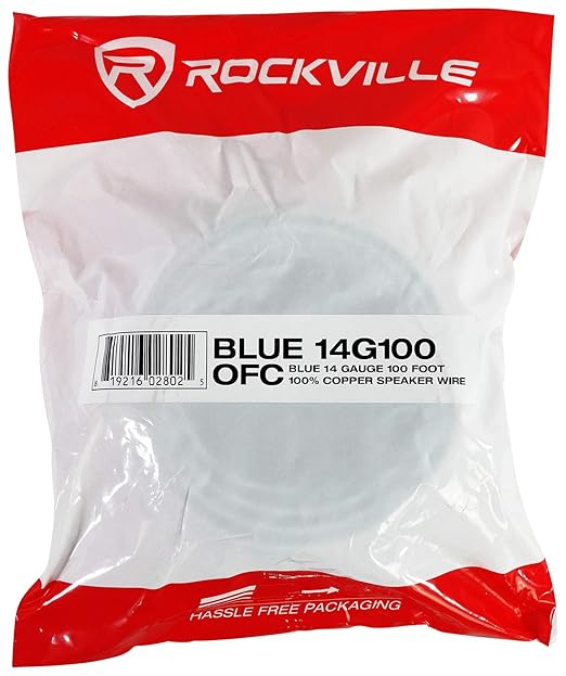 Rockville Blue 14G100 14 Gauge 100 Ft Speaker Wire, 100% OFC Copper,
