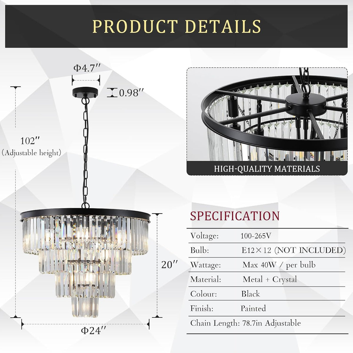 24" Modern Crystal Chandeliers,12-Light Black Round Light Fixture