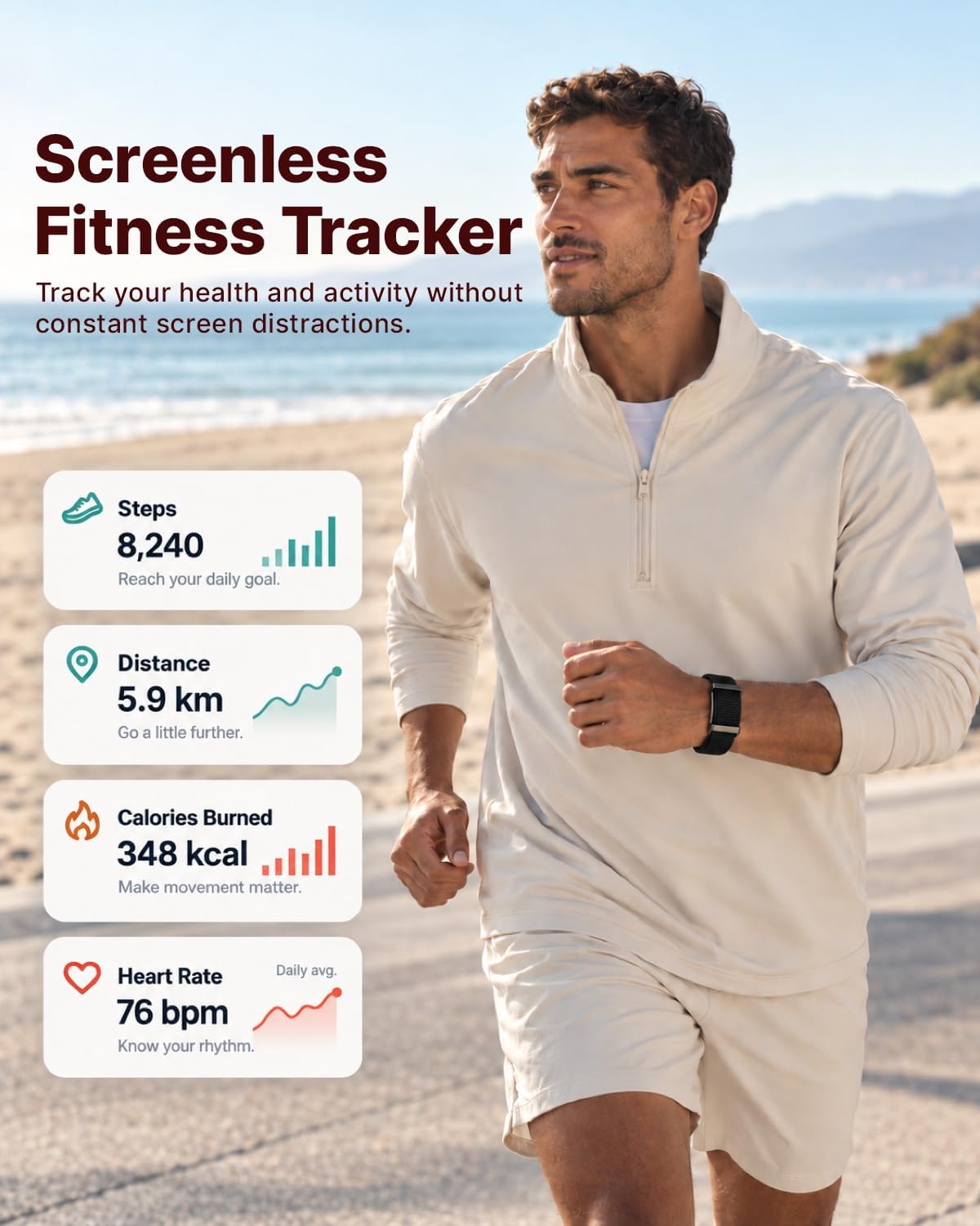 Yeevan Screenless Fitness Trackers, No Subscription, 30-Day Battery, Alarms