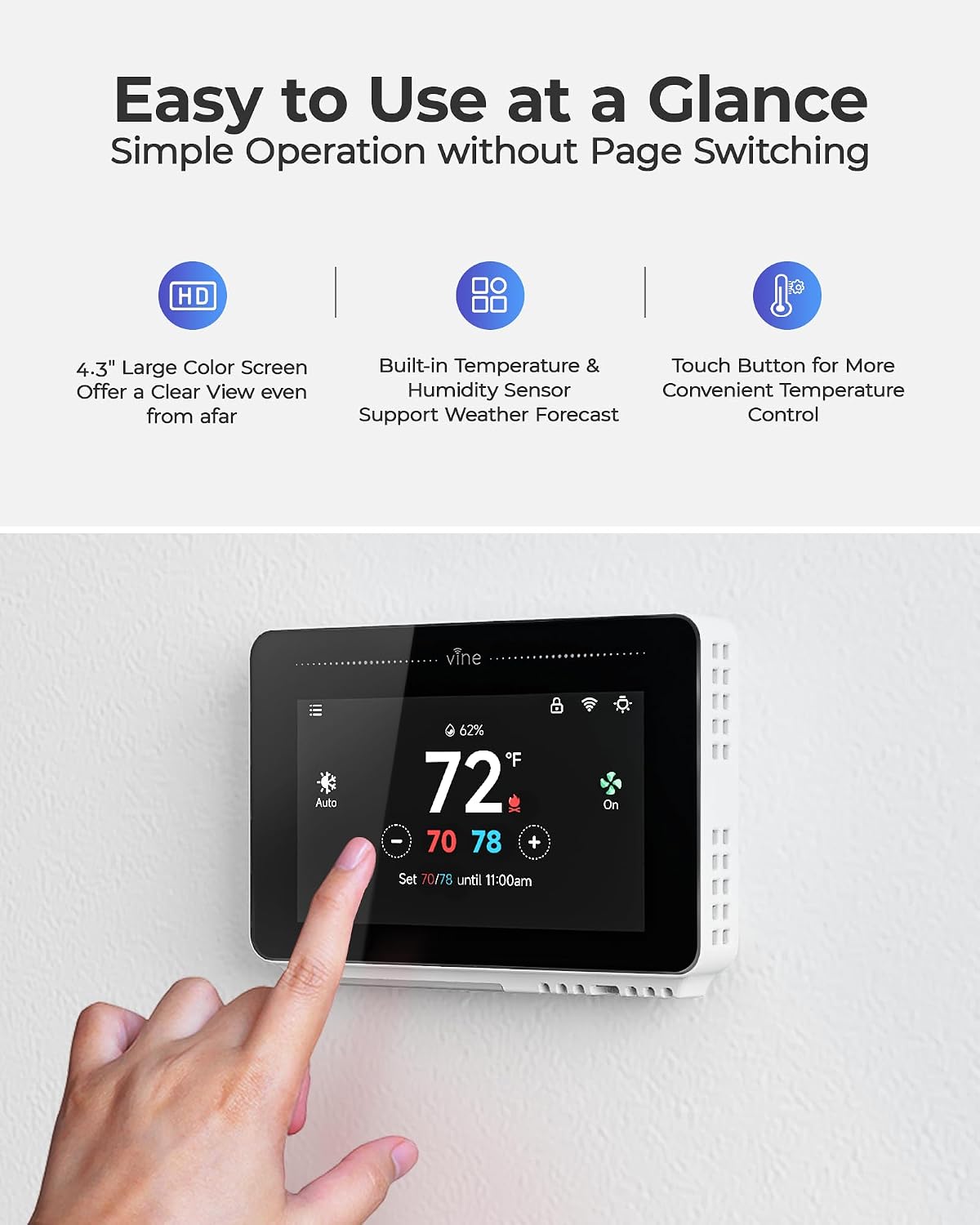 Vine Smart Thermostat for House with Nightlight, 4.3 Inches WiFi Thermostats ...