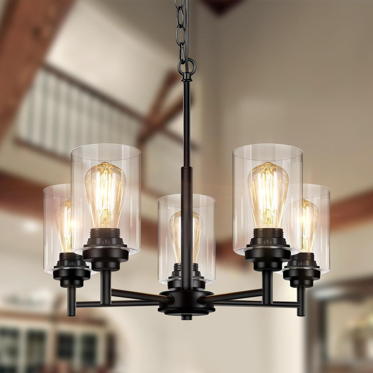 D19.8" Chandelier for Dining Room, 5-Light Black Kitchen Light Fixture