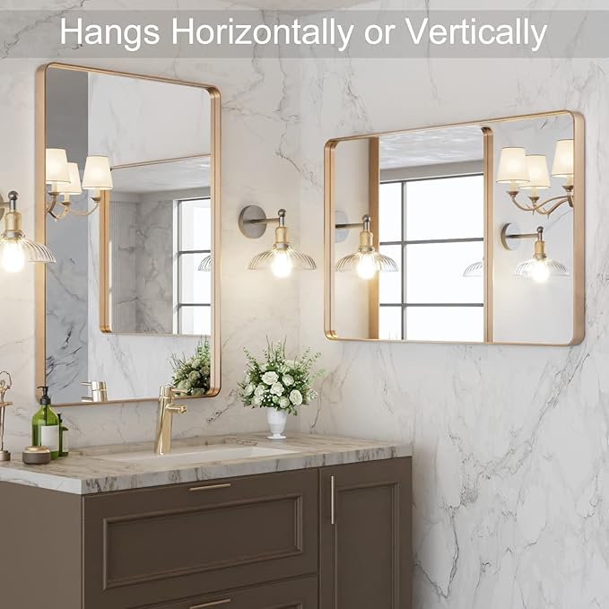 LOAAO 24”X36” Gold Bathroom Mirror, Rounded Rectangle Gold Frame Mirror