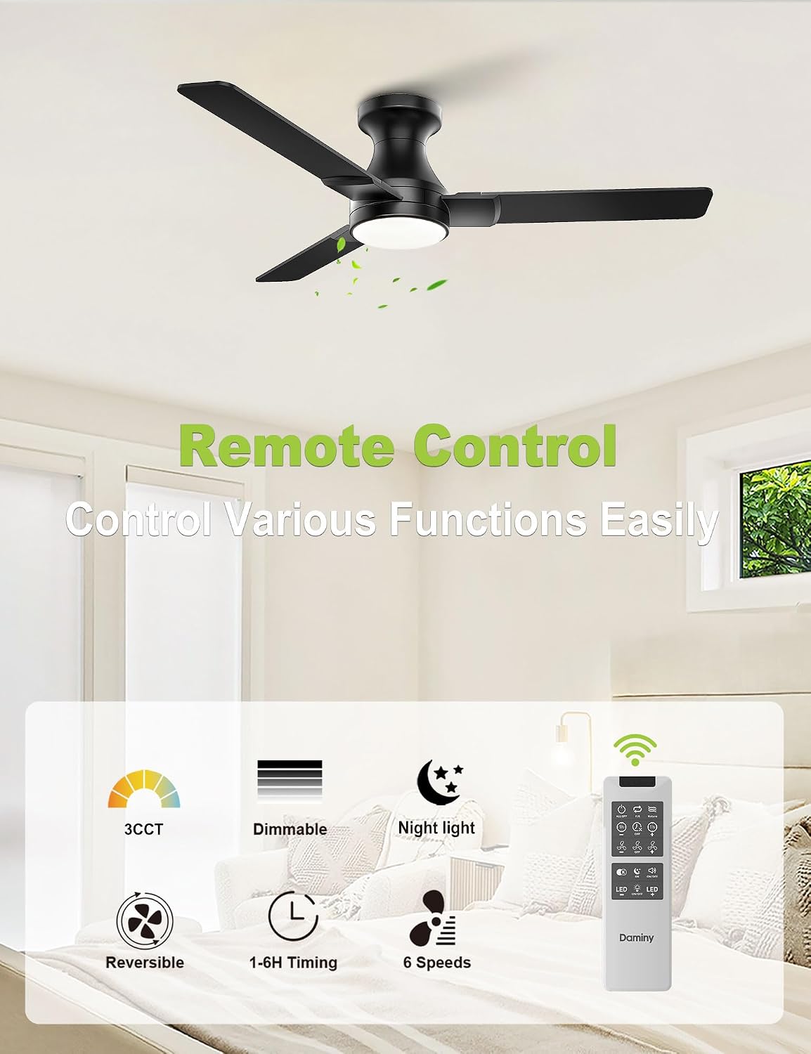 DAMINY 42 Inch Black Ceiling Fans with Lights and Remote