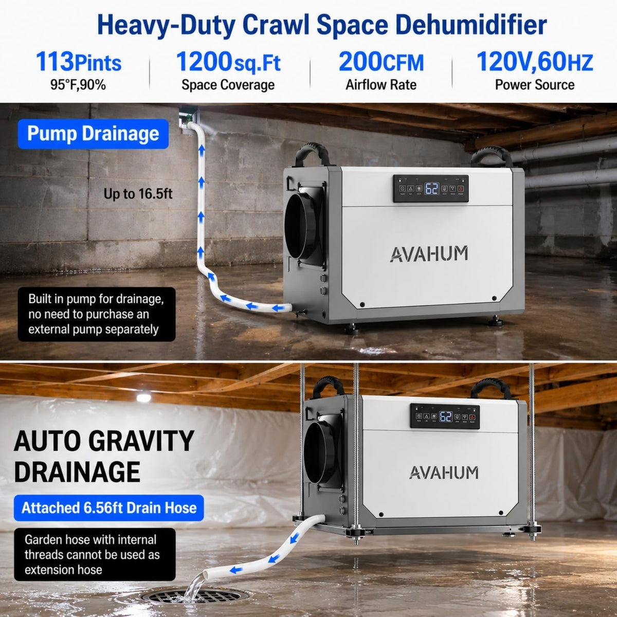 113 Pint Commercial Dehumidifier for Basement with Pump & Drain Hose