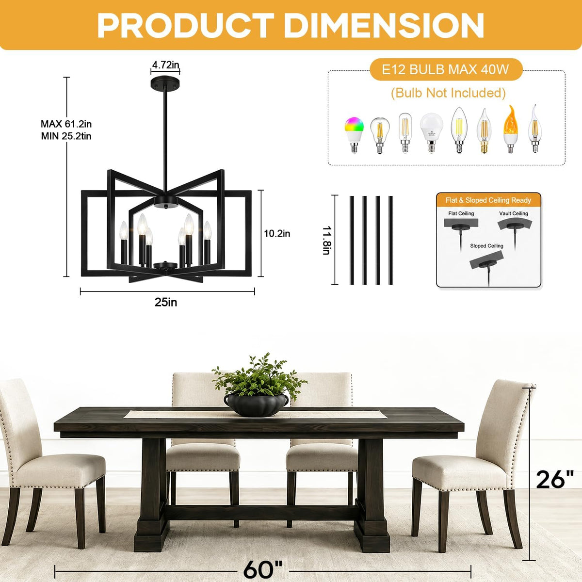 25"-61" Height Adjustable Modern Matte Black Chandelier for Dining ...