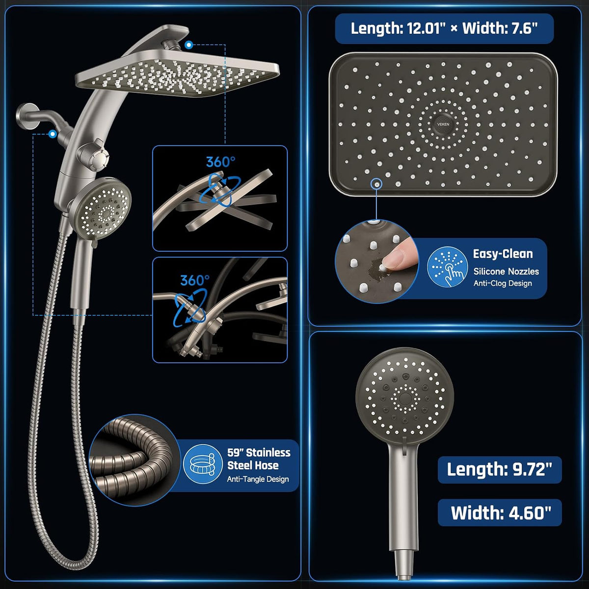 Veken 12" Rain Shower Head with Handheld,High Pressure Power Wash,Magnetic