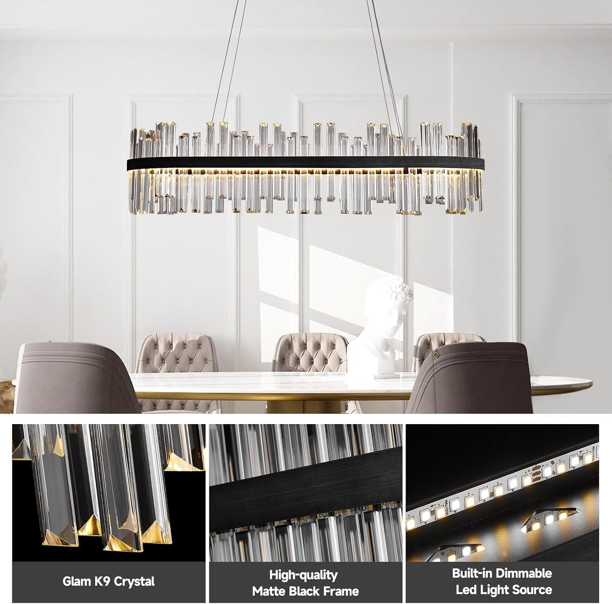 Black Led Modern Crystal Chandelier,Rectangle Chandeliers for Dining Room