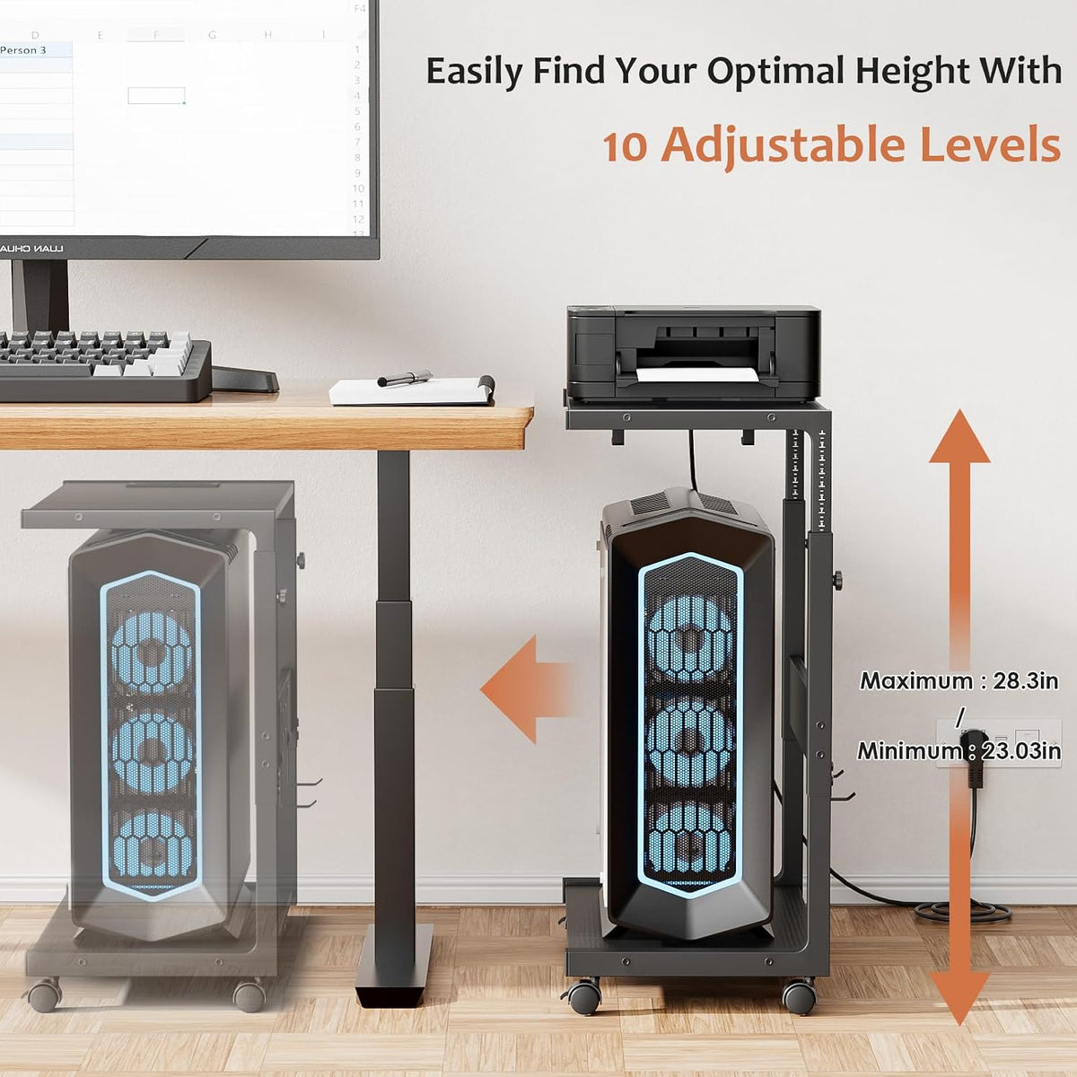 Computer Tower Stand with Power Outlet - 10-Level Height Adjustable