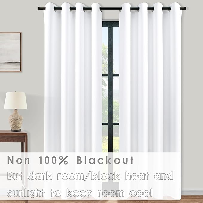 KOUFALL White Grommet Curtains 96 Inches Long, 2 Panels Set 8 FT 60% Blackout