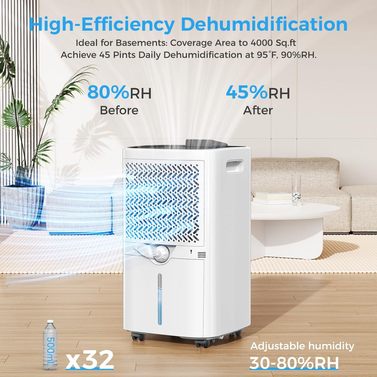45 Pint Dehumidifier for Basement with Drain Hose Up to 4000 Sq.Ft