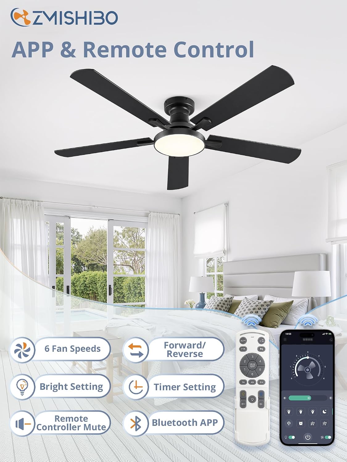 ZMISHIBO 52 Inch Flush Mount Ceiling Fan with Light, Remote&APP, Black
