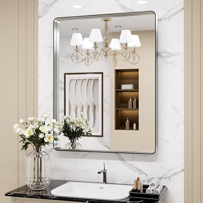 LOAAO 28X36 Inch Brushed Nickel Bathroom Mirror, Rounded Rectangle Silver Metal