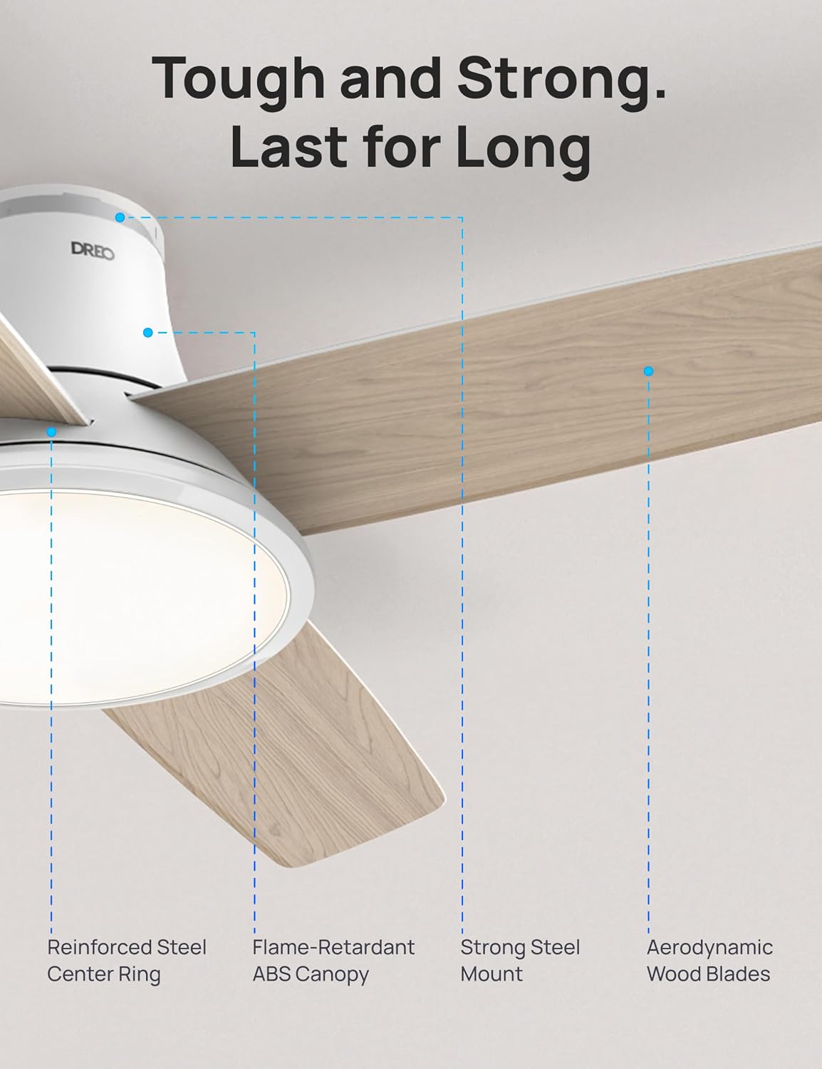 DREO Ceiling Fans with Lights, 44'', RGBIC Flush Mount Smart Ceiling Fan