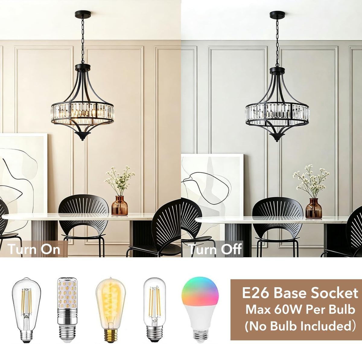 5-Light Black Crystal Chandelier, Modern Farmhouse Dining Room Light Fixture ...