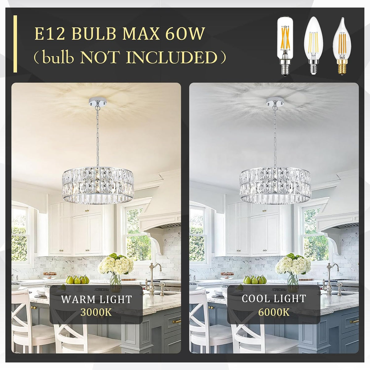 Chrome Crystal Chandelier 20" 6-Light Modern Semi Flush Pendant