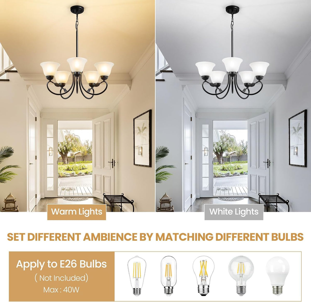5-Light Black Chandelier, Farmhouse Dining Room Light Fixture with Opal Glass...