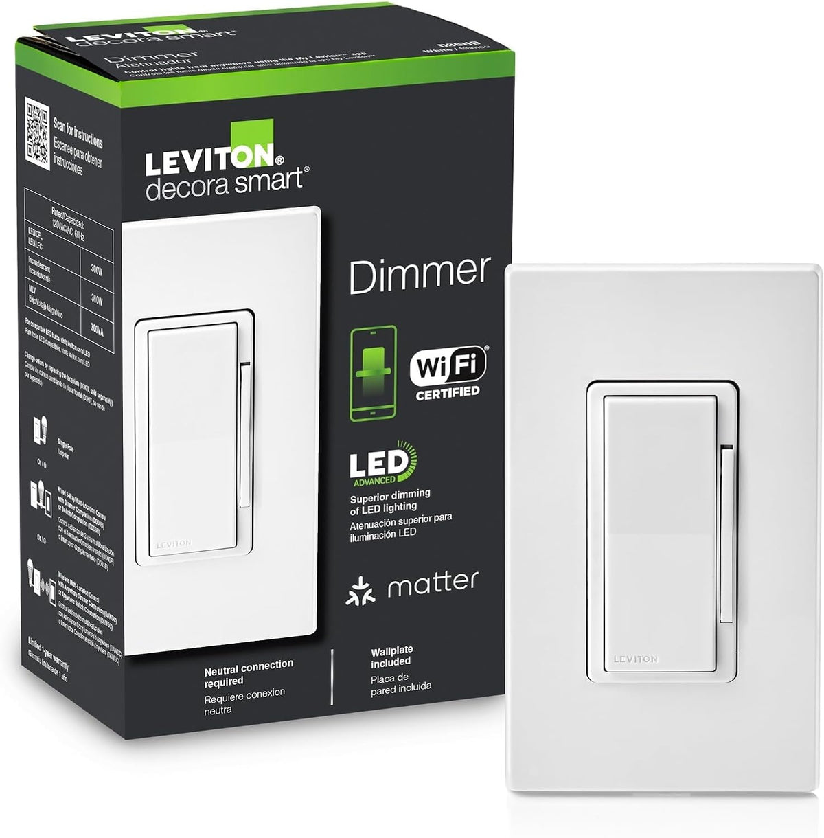 Leviton Decora Smart Dimmer Switch, Wi-Fi, D36HD-1RW, White