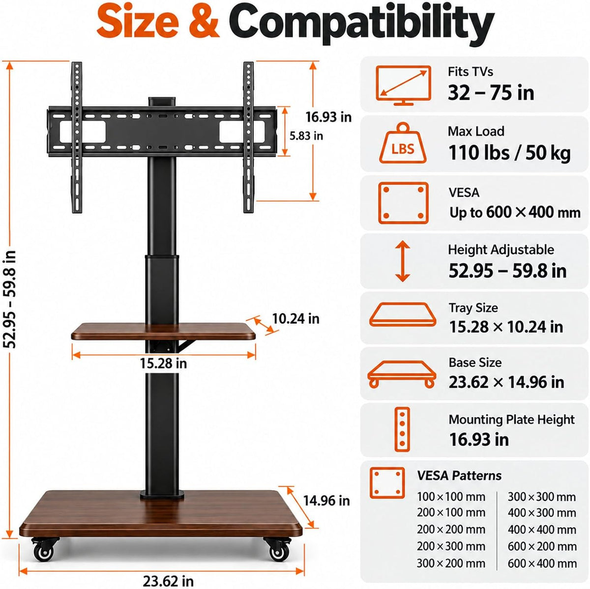 Rolling TV Stand for 32-75 Inch TVs up to 110 lbs