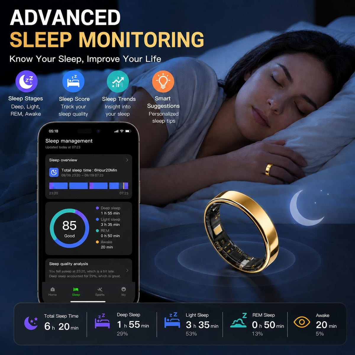 Slim Ultra Thin Smart Ring, Health & Sleep Tracker, Gold 12