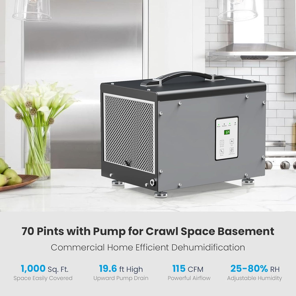 BaseAire Crawlspace 70 PPD Dehumidifier with Pump for 1000 Sq Ft