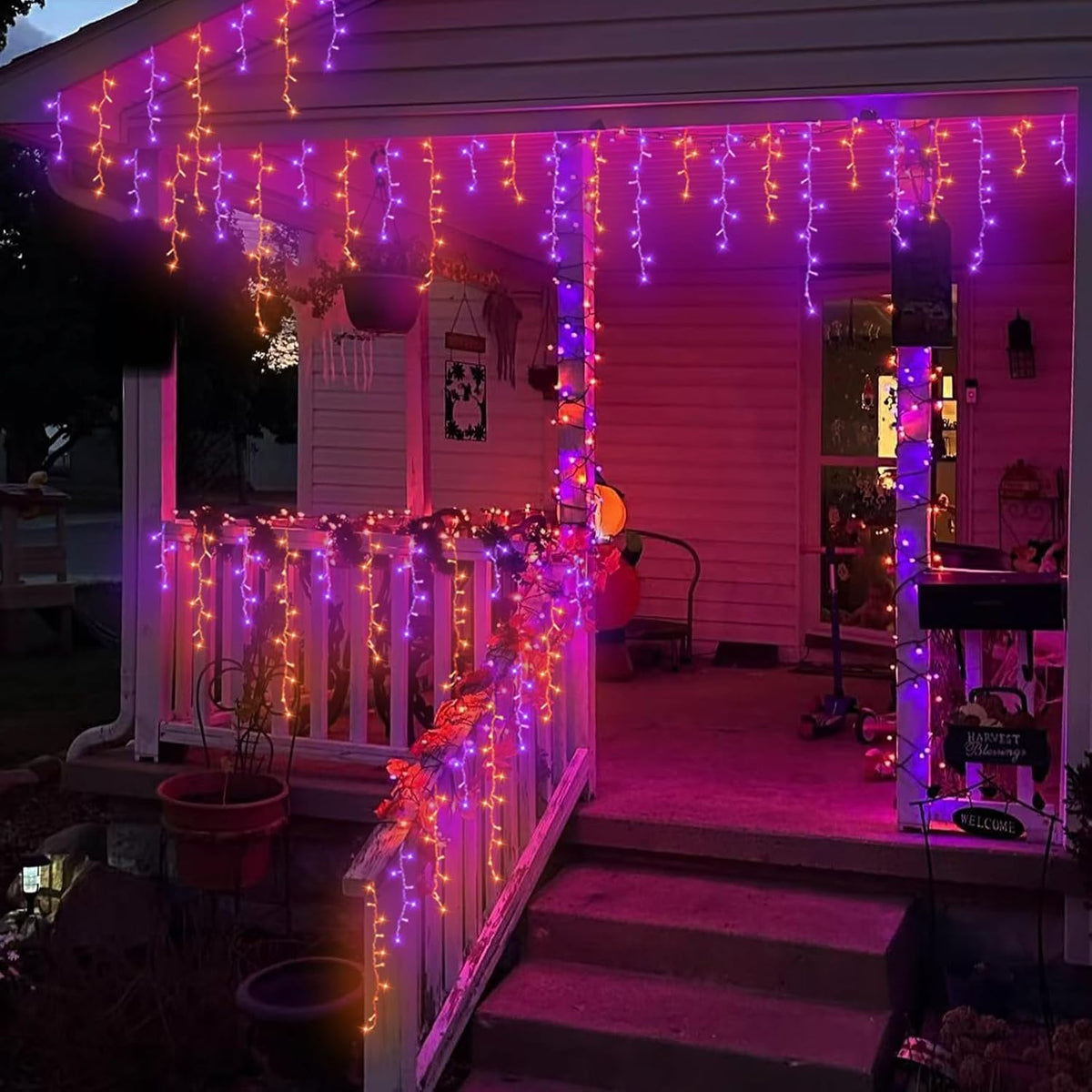YEGUO 33ft 400 LED Orange and Purple Icicle Halloween Lights, 80 Drops Icicle...