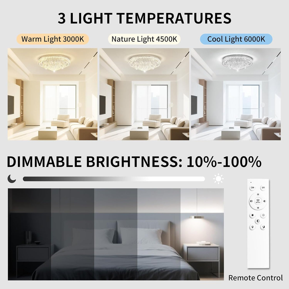 30" Ceiling Silver Crystal Chandeliers: Dimmable 3CCT LED Light with Remote