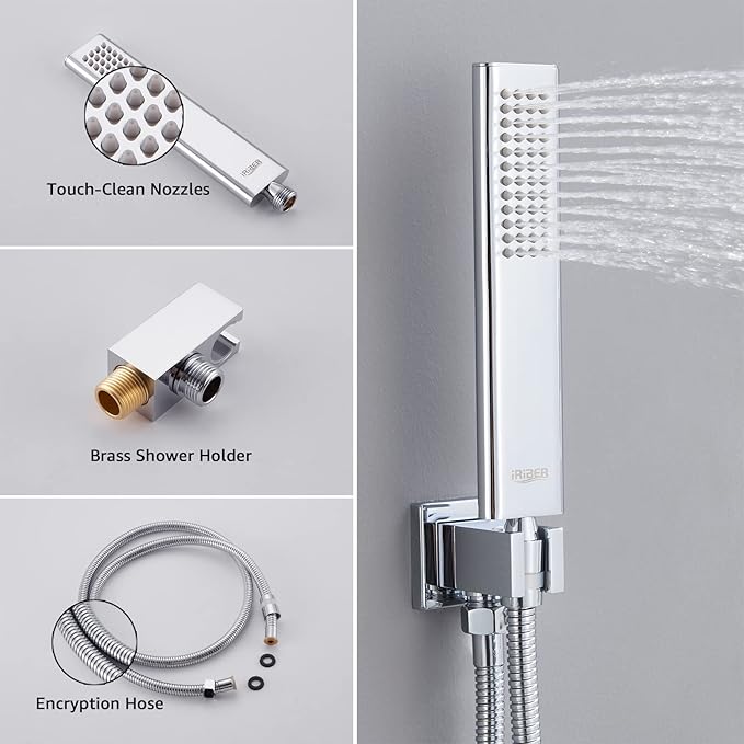 Iriber 12 Inch Bathroom Shower System Polish Chrome Wall Mounted Square Mixer