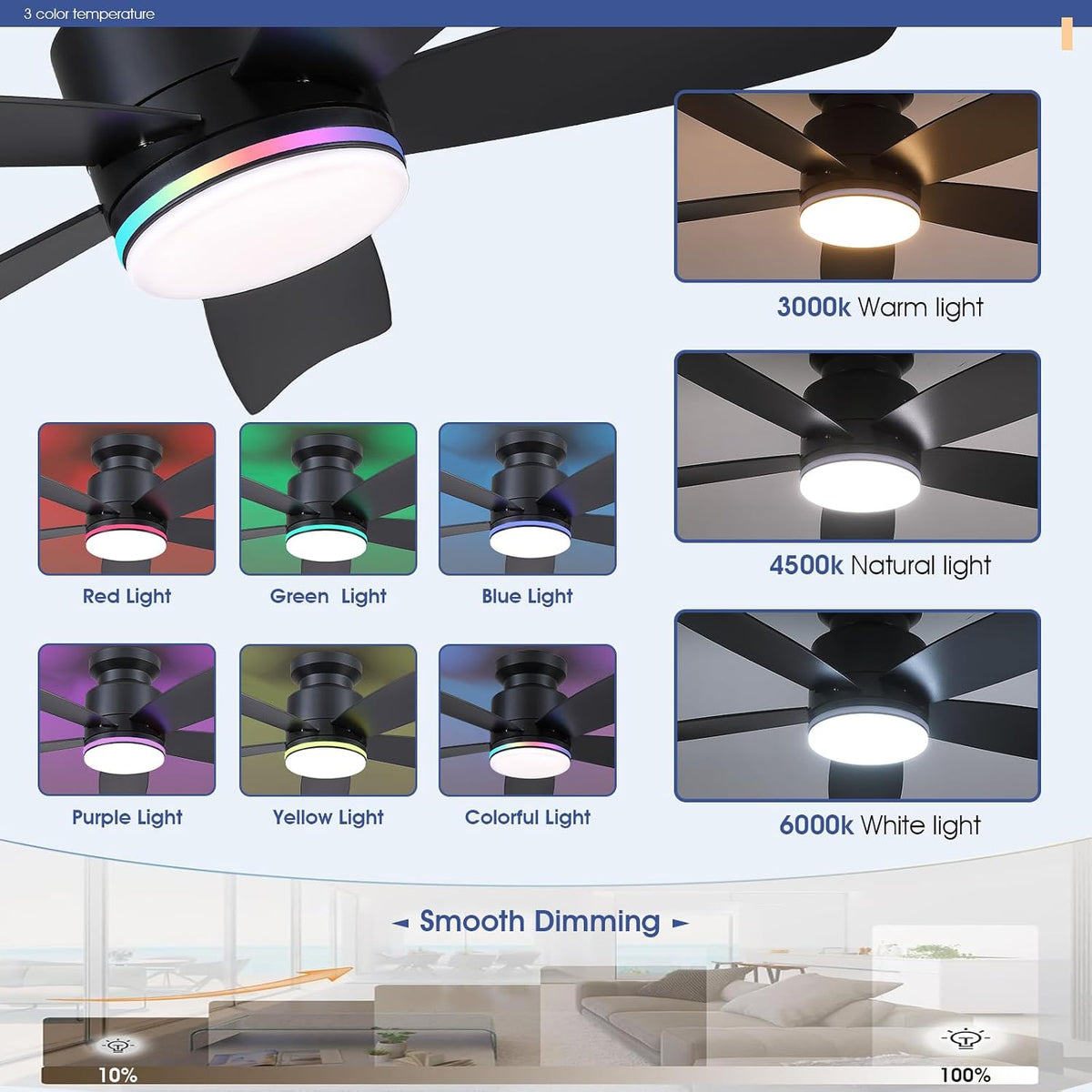Wiviniya 41 In Flush Mount Ceiling Fans with RGB Lights Remote/APP, Black