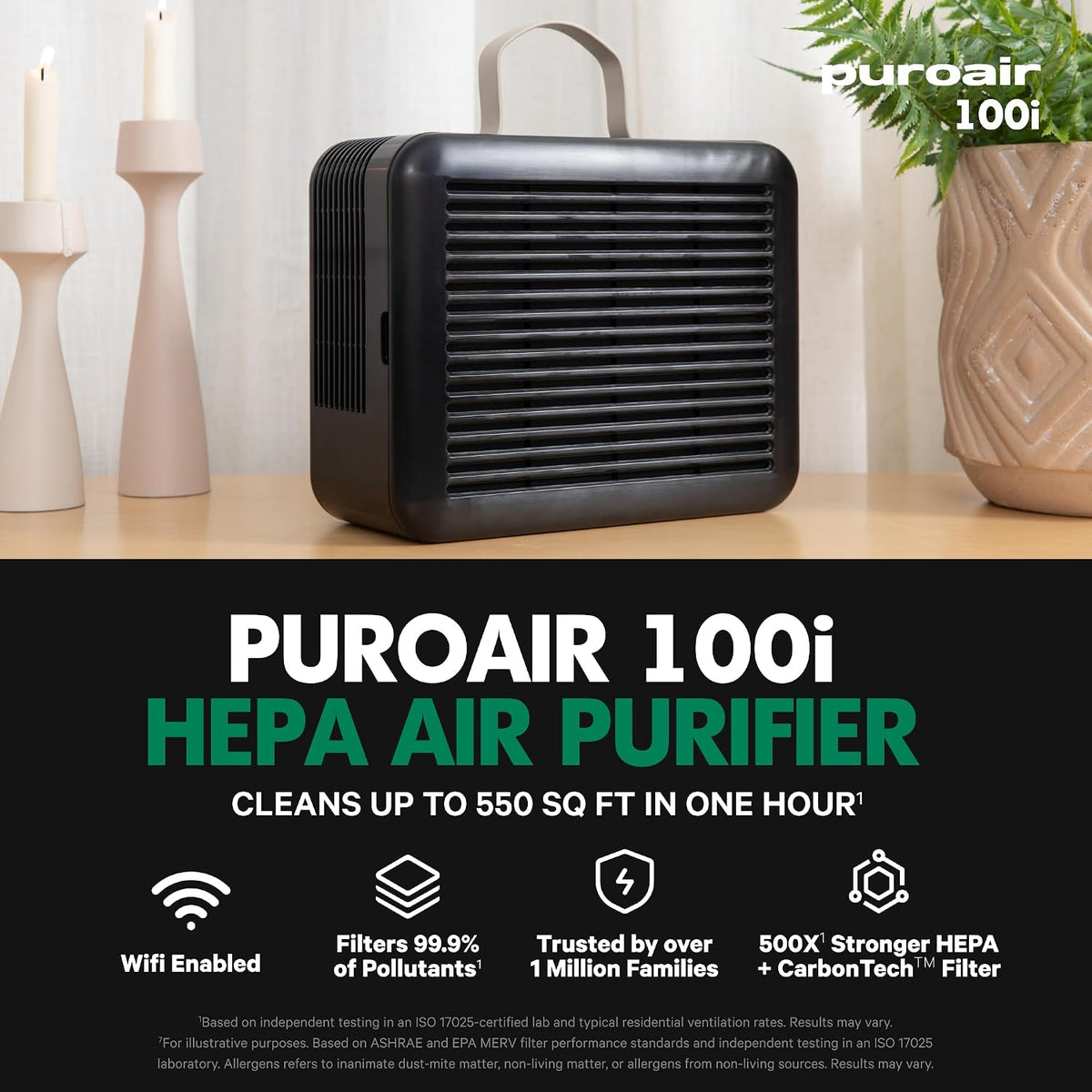 PuroAir 100i Smart HEPA Air Purifiers for Bedroom Home Pets - 550 Ft² (1PK)