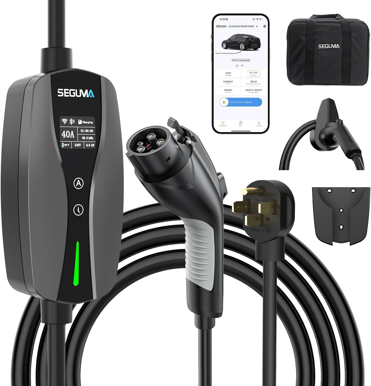 SEGUMA Level 2 EV Charger, 40A Wi-Fi/App ETL Certified for J1772 BEVs/PHEVs