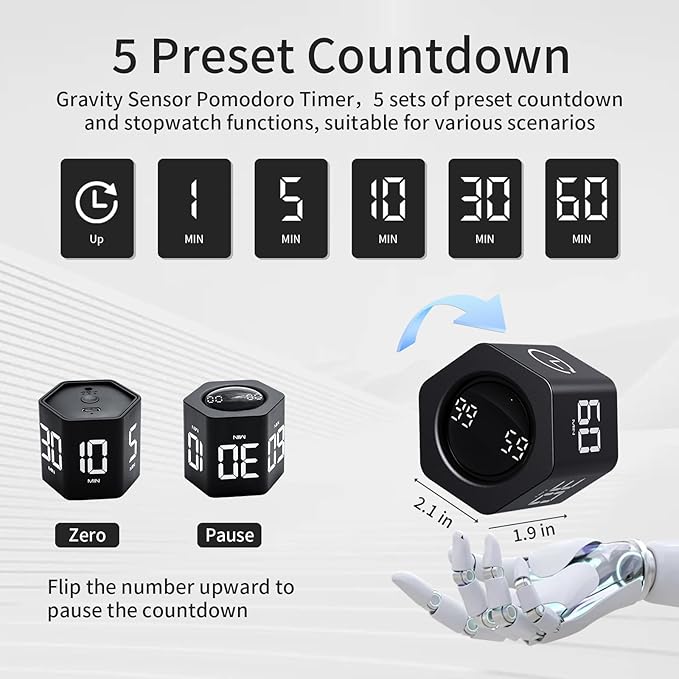 Productivity Timer Flip Gravity Sensor Cube Timer Countdown & Countup, Mu...