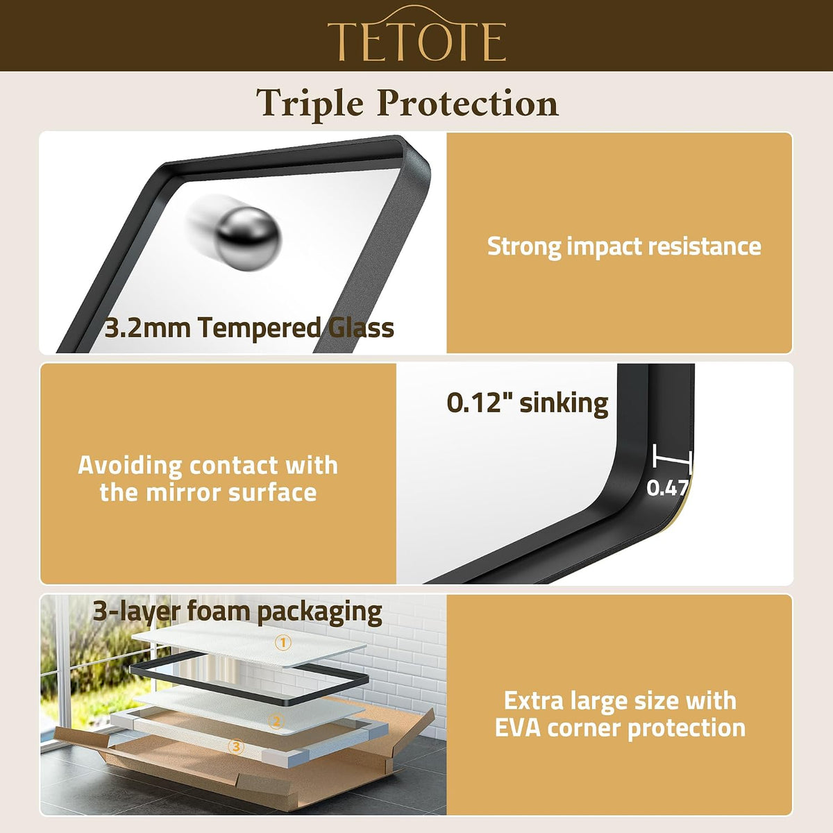 42 x 36 Black Bathroom Mirror Matte Black Metal Framed Vanity Mirror, Tempere...