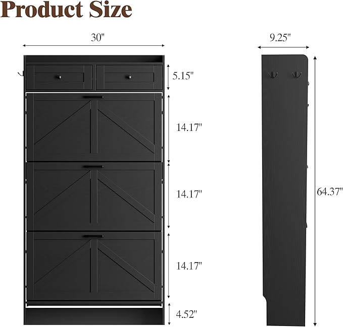 Shoe Cabinet with 3 Flip Drawers & 2 Storage Drawers, Rustic Farmhouse Na...