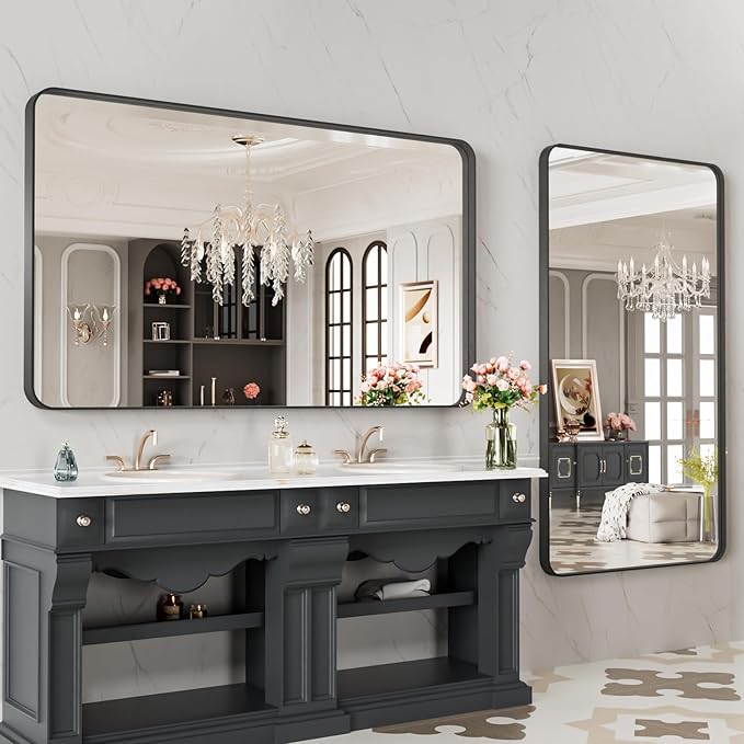 LOAAO 48X28 Inch Black Metal Framed Bathroom Mirror
