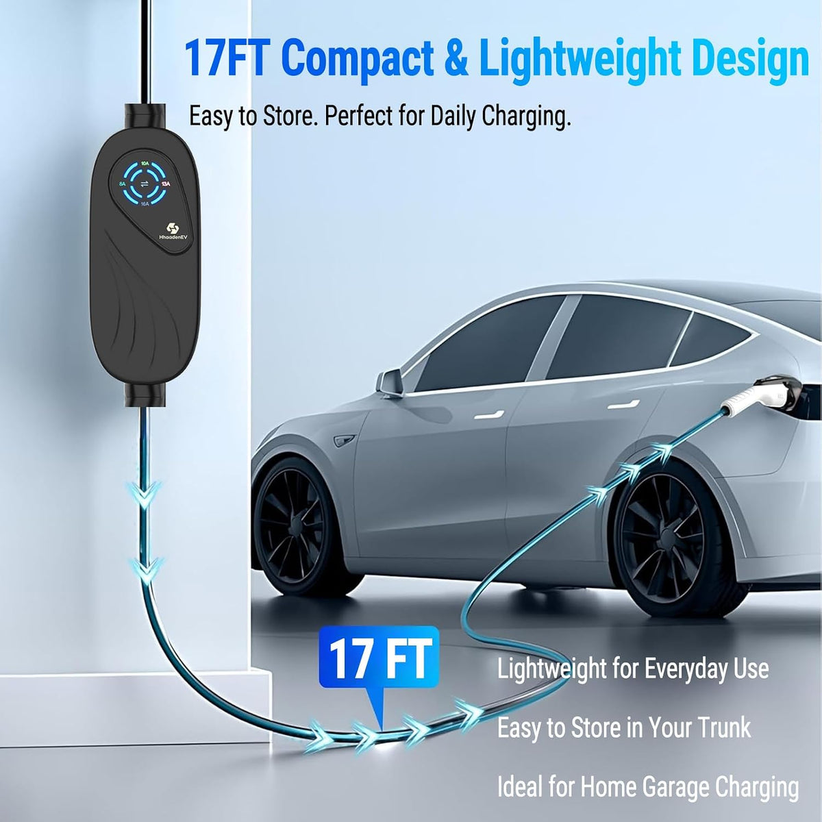 17FT Level 1 & 2 Portable EV Charger, 16A J1772 Electric Car Charger
