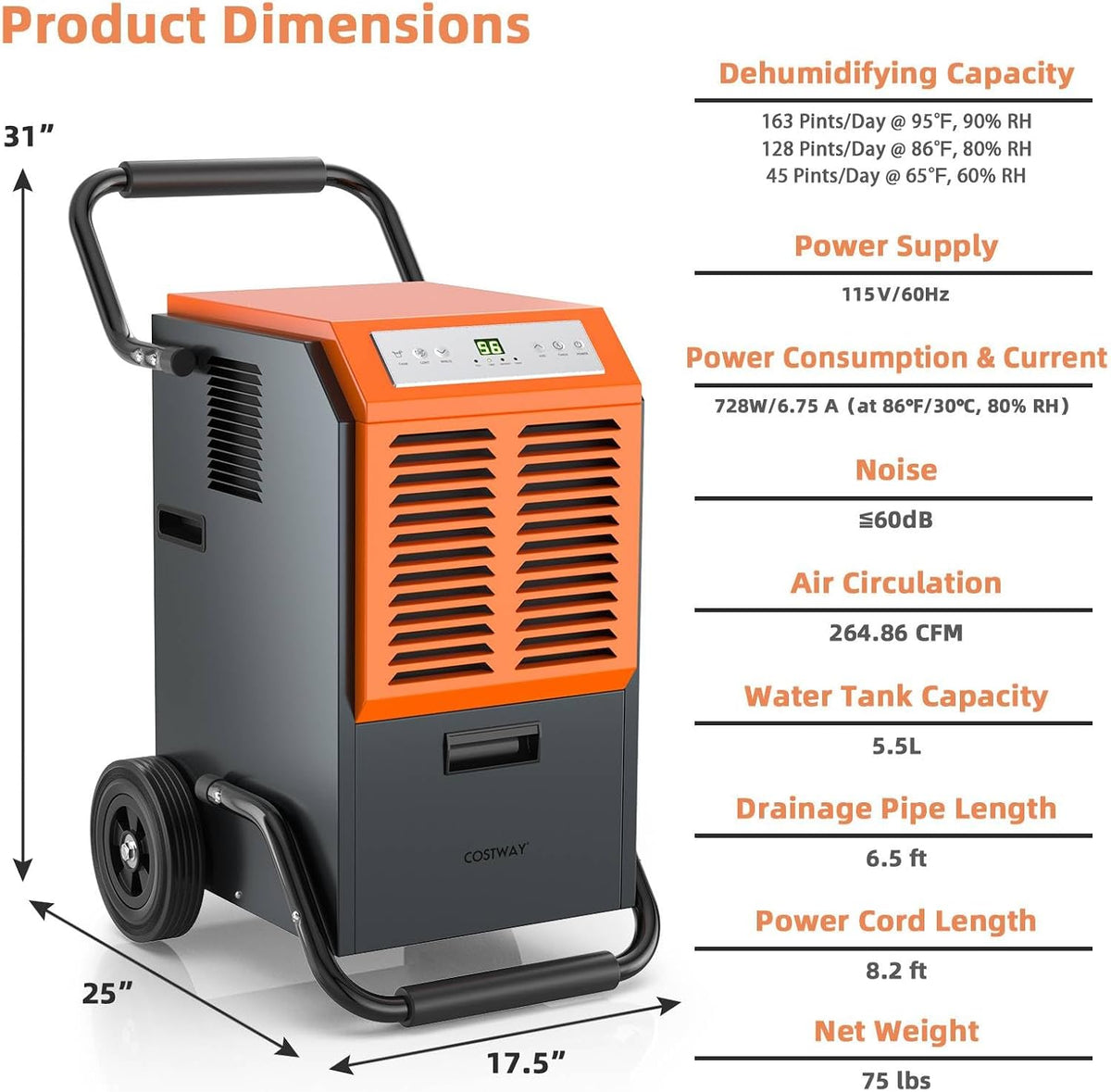 COSTWAY 163 Pints Commercial Dehumidifier (Orange)