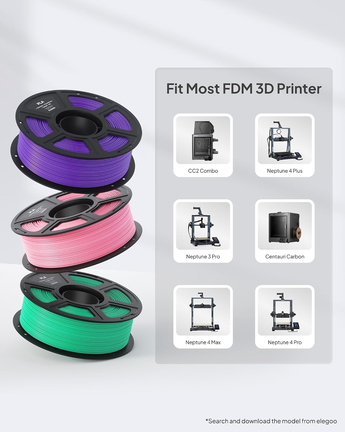 ELEGOO PLA 3D Printer Filament Bundle 4KG Pink/Purple/Sky Blue/Sea Green
