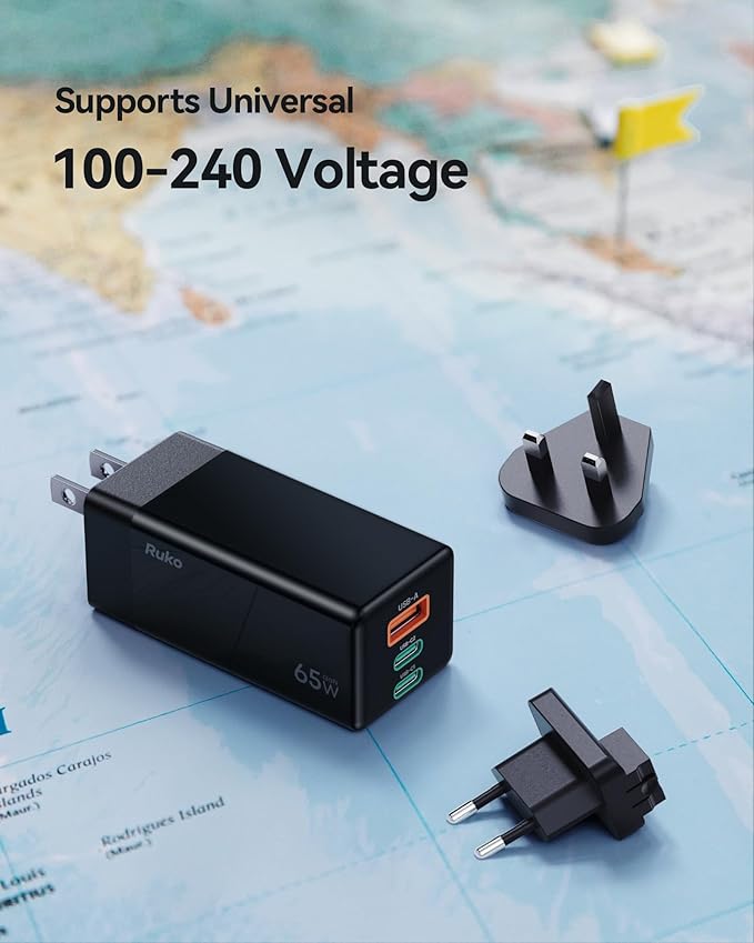 Ruko 65W USB C Charger, 3 Port International Travel Charger Kit, GaN Fast
