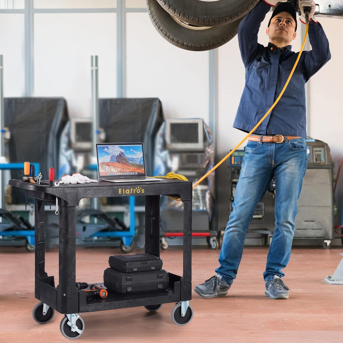 ELAFROS Heavy Duty Plastic Utility Cart, 37 x 18.8 in, Flat Top, Swivel Wheel...