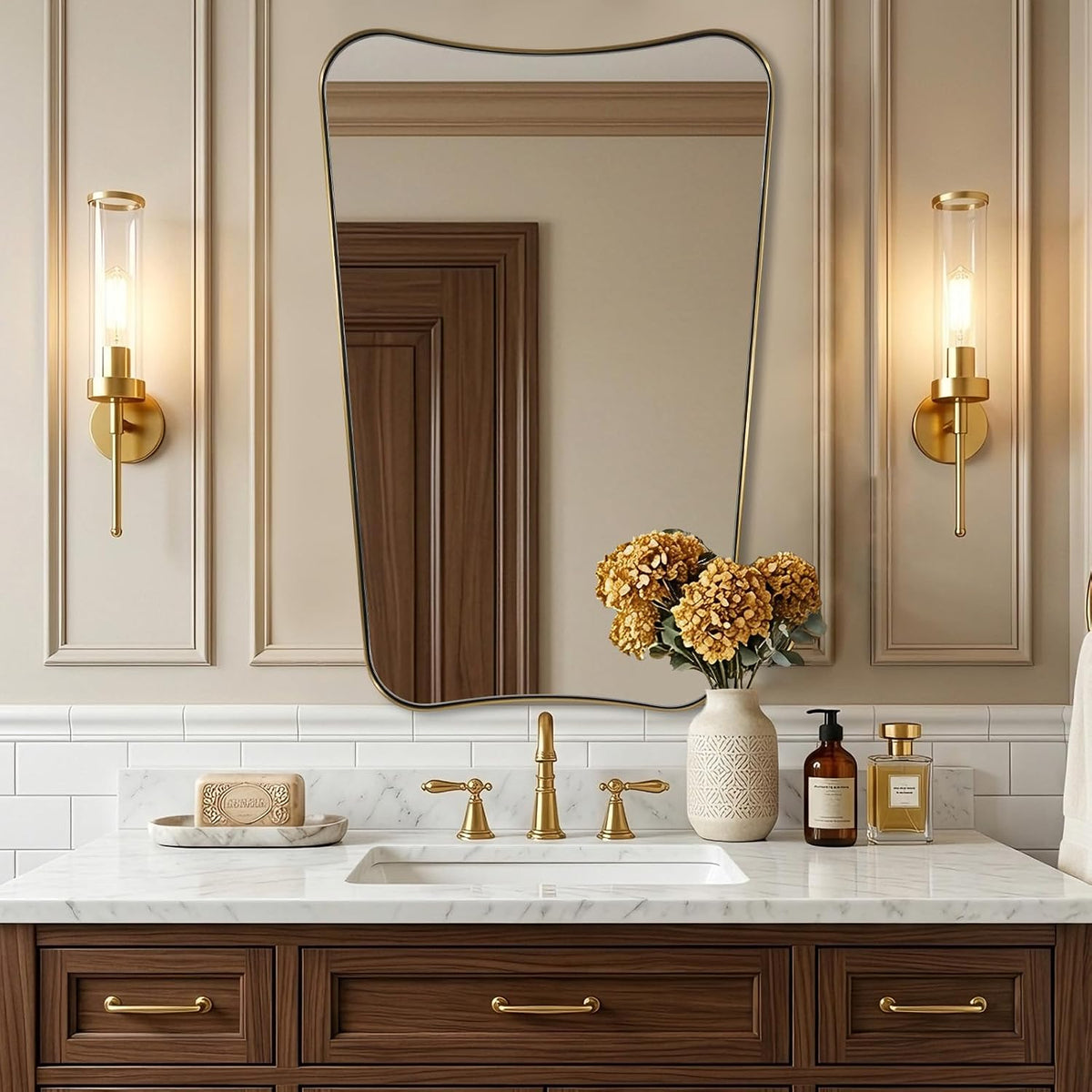 Irregular 20"x30" Brushed Gold Vanity Mirror | Anti-Rust Stainless ...
